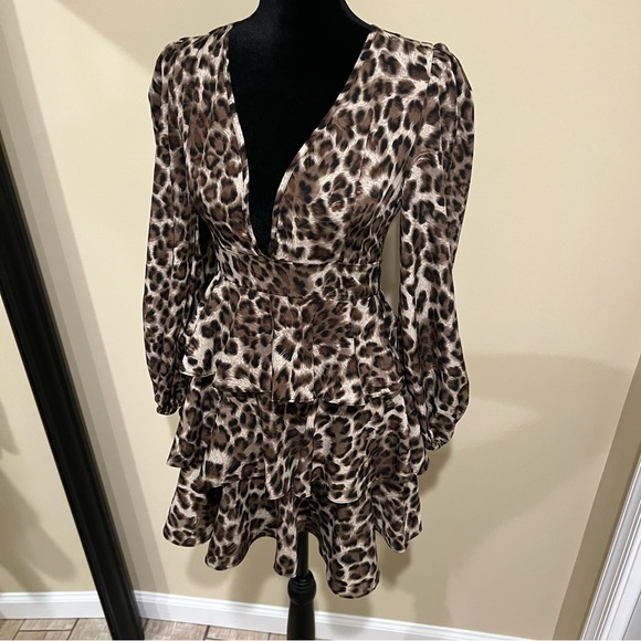 Ruffle Layered Dress Animal Print Leopard Puffer Sleeves V Neck midi Dress High - Picture 6 of 7